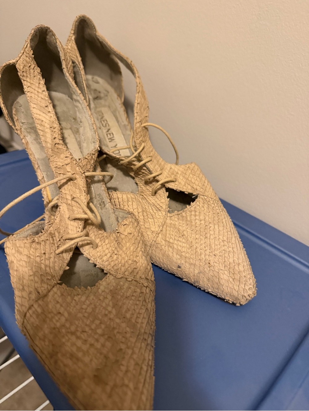 Jones New York Woven Lace-Up Pointed-Toe Heels in Tan